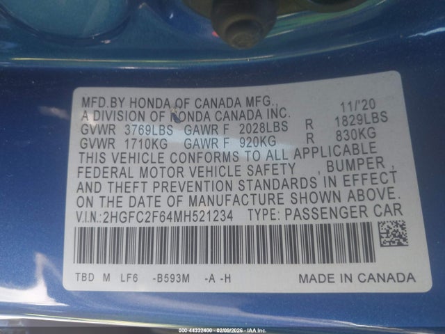 Honda Civic Lx 2021 2HGFC2F64MH521234 Image 9