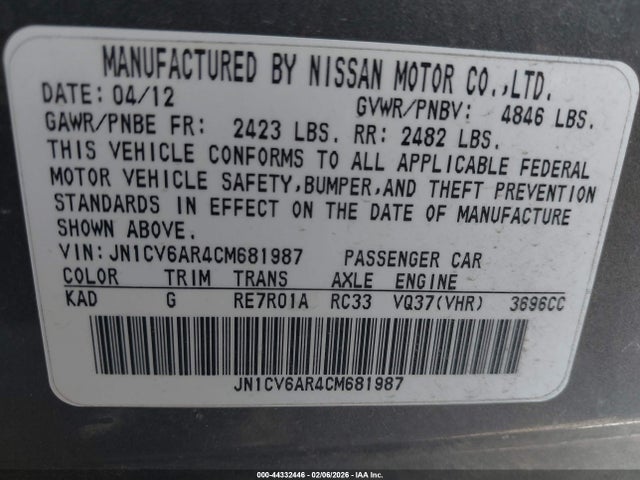 44332446 :رقم المزاد ، JN1CV6AR4CM681987 vin ، 2012 Infiniti G37x مزاد بيع