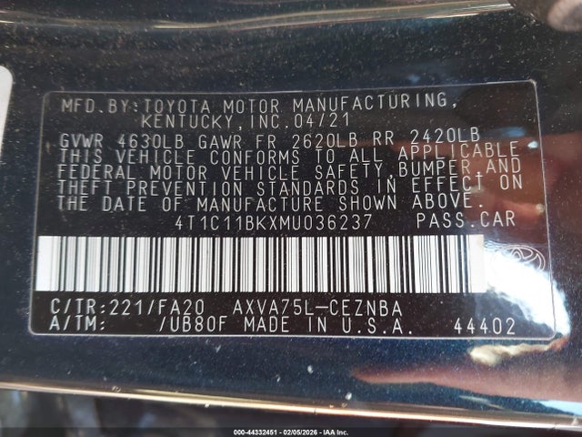 4T1C11BKXMU036237 Toyota Camry Le Awd