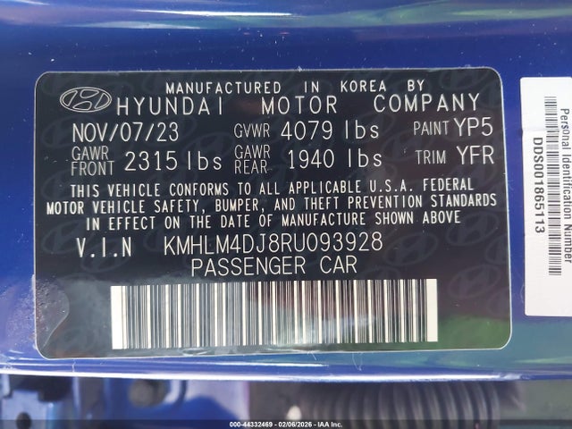 44332469 :رقم المزاد ، KMHLM4DJ8RU093928 vin ، 2024 Hyundai Elantra Hybrid Blue مزاد بيع
