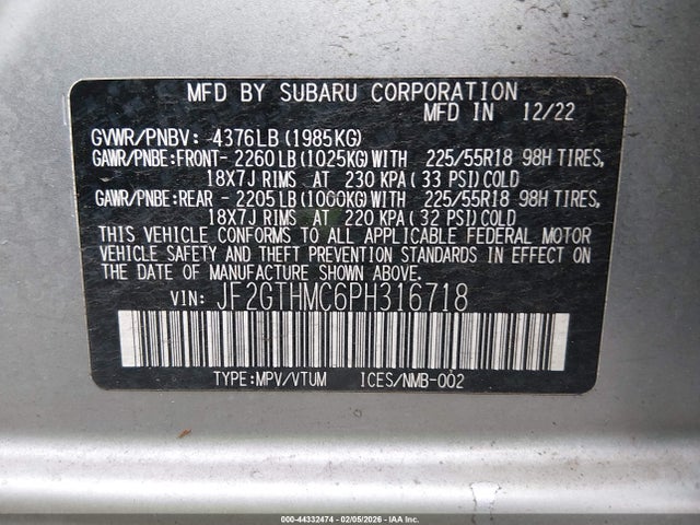 Продажа на аукционе авто 2023 Subaru Crosstrek Limited, vin: JF2GTHMC6PH316718, номер лота: 44332474