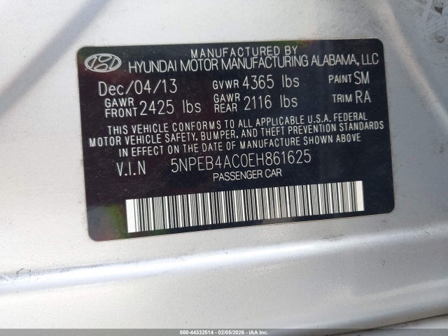 5NPEB4AC0EH861625 Hyundai SONATA GLS