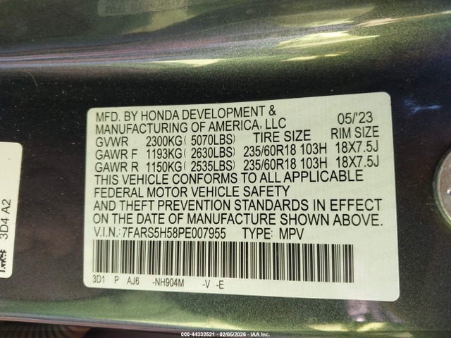 2023 Honda Cr-v Hybrid Sport მანქანა იყიდება აუქციონზე, vin: 7FARS5H58PE007955, აუქციონის ნომერი: 44332521