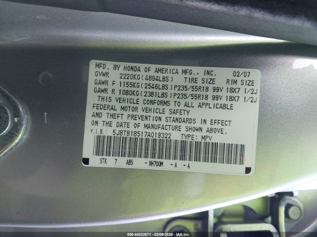 Aukcja sprzedaży 2007 Acura Rdx, vin: 5J8TB18517A019322, numer aukcji: 44332571