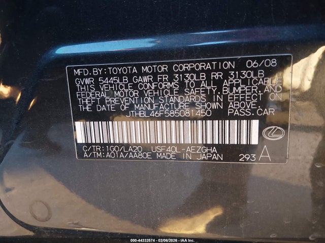 2008 Lexus Ls 460 მანქანა იყიდება აუქციონზე, vin: JTHBL46F585081450, აუქციონის ნომერი: 44332574