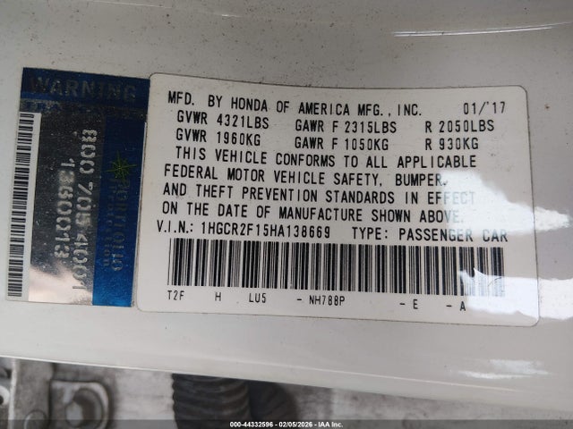 1HGCR2F15HA138669 Honda Accord Sport Se
