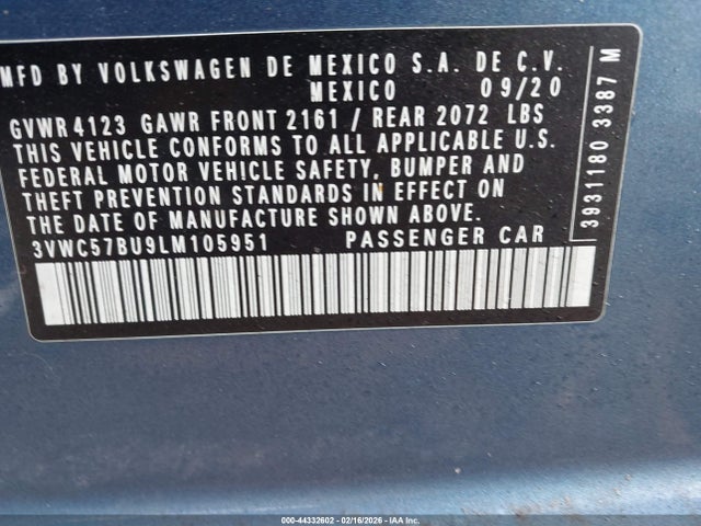 44332602 :رقم المزاد ، 3VWC57BU9LM105951 vin ، 2020 Volkswagen Jetta 1.4t R-line/1.4t S/1.4t Se مزاد بيع