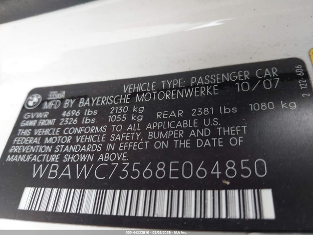 Продажа на аукционе авто 2008 Bmw 335xi, vin: WBAWC73568E064850, номер лота: 44332610