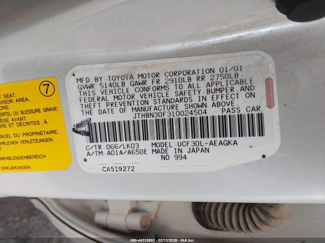 2001 Lexus Ls 430 მანქანა იყიდება აუქციონზე, vin: JTHBN30F310024504, აუქციონის ნომერი: 44332652