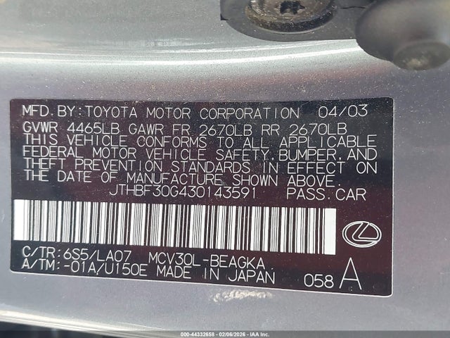 2003 LEXUS ES 300 JTHBF30G430143591 Photo 8