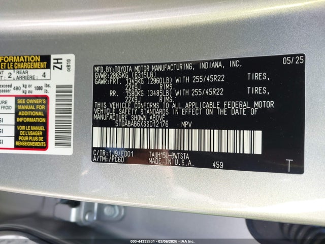 44332831 :رقم المزاد ، 5TDABAB6XSS012176 vin ، 2025 Lexus Tx 500h F Sport Premium مزاد بيع