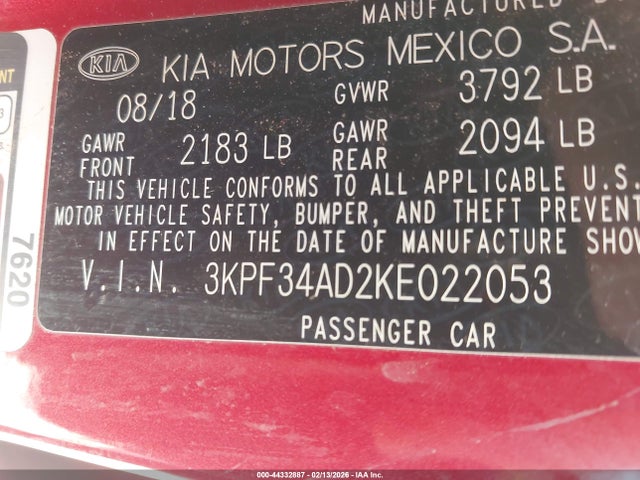 Aukcja sprzedaży 2019 Kia Forte S, vin: 3KPF34AD2KE022053, numer aukcji: 44332887