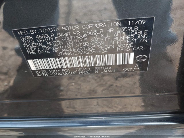 Продаж на аукціоні авто 2010 Lexus Es 350, vin: JTHBK1EGXA2365434, номер лоту: 44332977