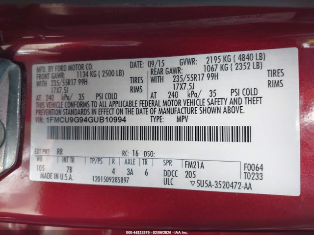 1FMCU9G94GUB10994 Ford ESCAPE SE