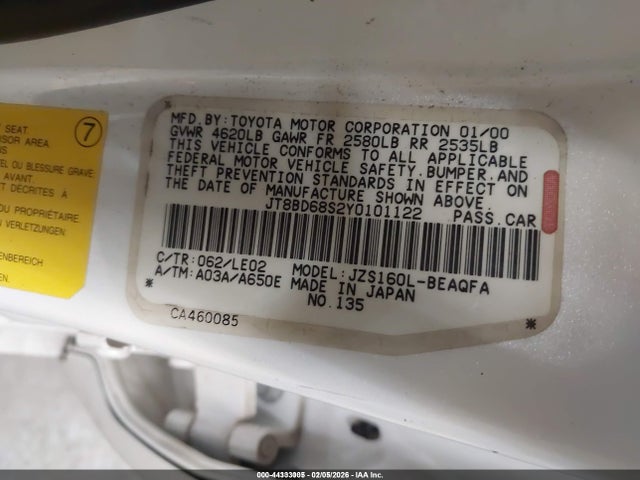 Aukcja sprzedaży 2000 Lexus Gs 300, vin: JT8BD68S2Y0101122, numer aukcji: 44333005
