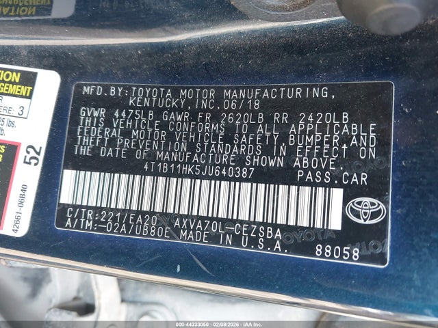 4T1B11HK5JU640387 Toyota Camry L/le/xle/se/xse
