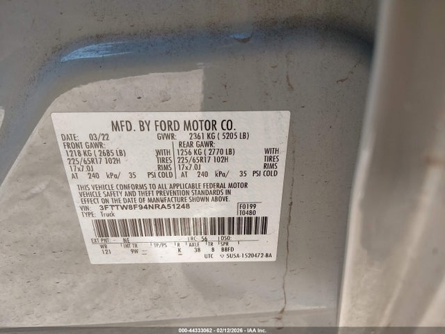 44333062 :رقم المزاد ، 3FTTW8F94NRA51248 vin ، 2022 Ford Maverick Xl مزاد بيع