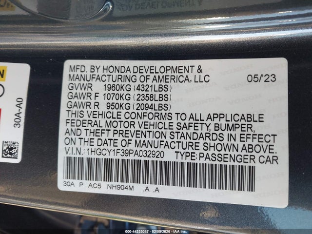 1HGCY1F39PA032920 Honda ACCORD EX