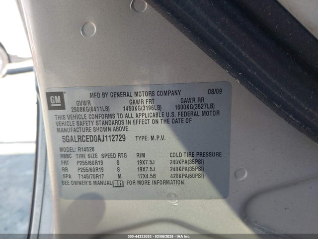 Aukcja sprzedaży 2010 Buick Enclave 2xl, vin: 5GALRCED0AJ112729, numer aukcji: 44333092