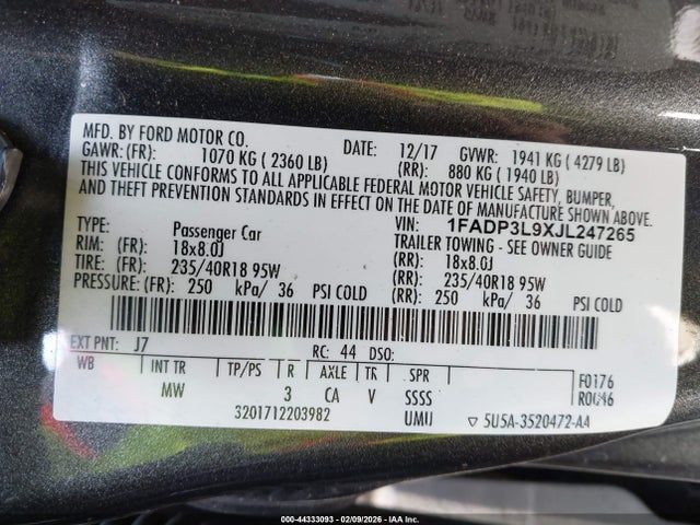 Aukcja sprzedaży 2018 Ford Focus St, vin: 1FADP3L9XJL247265, numer aukcji: 44333093