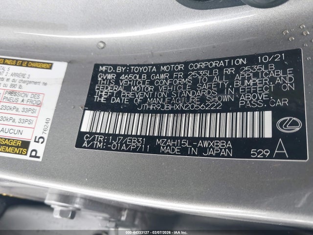 44333127 :رقم المزاد ، JTHR9JBHXN2056222 vin ، 2022 Lexus Ux 250h F Sport مزاد بيع
