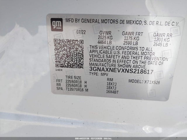 2022 Chevrolet Equinox Fwd Premier მანქანა იყიდება აუქციონზე, vin: 3GNAXNEVXNS218617, აუქციონის ნომერი: 44333136