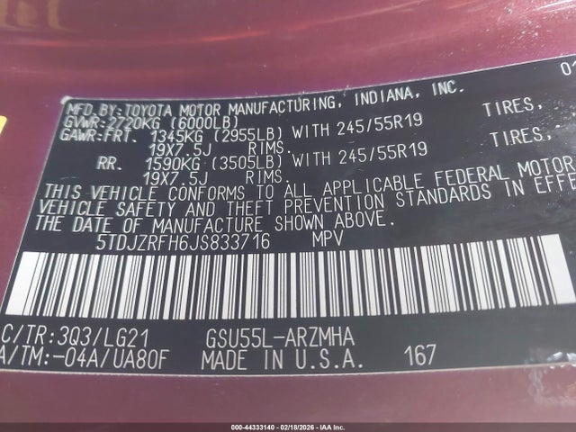 5TDJZRFH6JS833716 Toyota Highlander Se