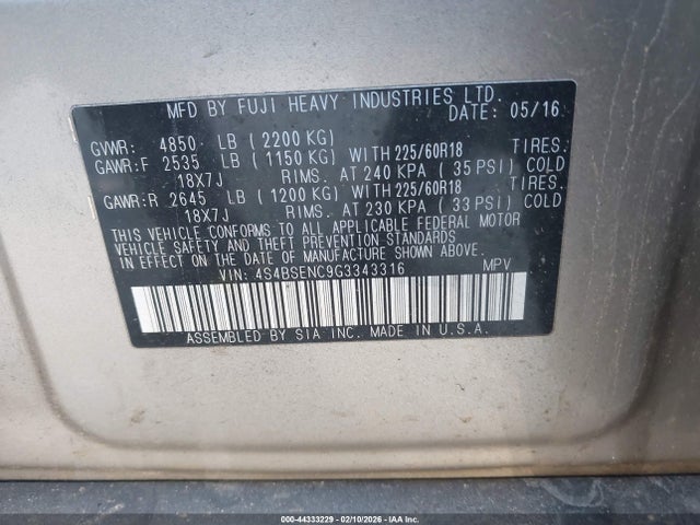 4S4BSENC9G3343316 Subaru Outback 3.6r Limited