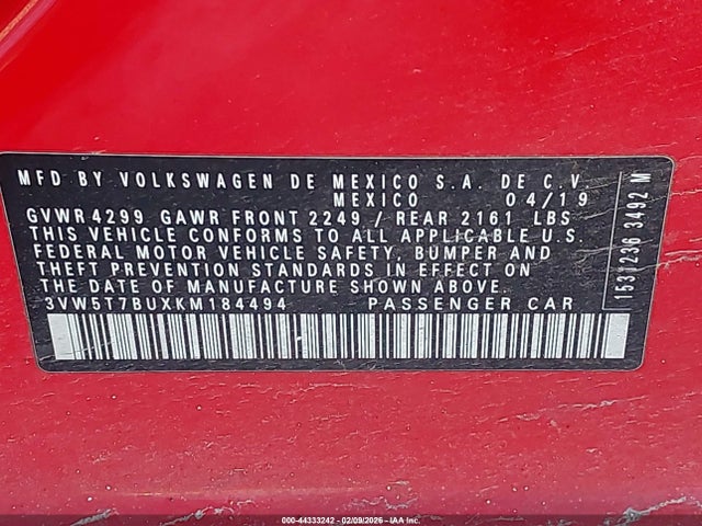 2019 Volkswagen Jetta Gli 2.0t 35th Anniversary Edition/2.0t Autobahn/2.0t S მანქანა იყიდება აუქციონზე, vin: 3VW5T7BUXKM184494, აუქციონის ნომერი: 44333242