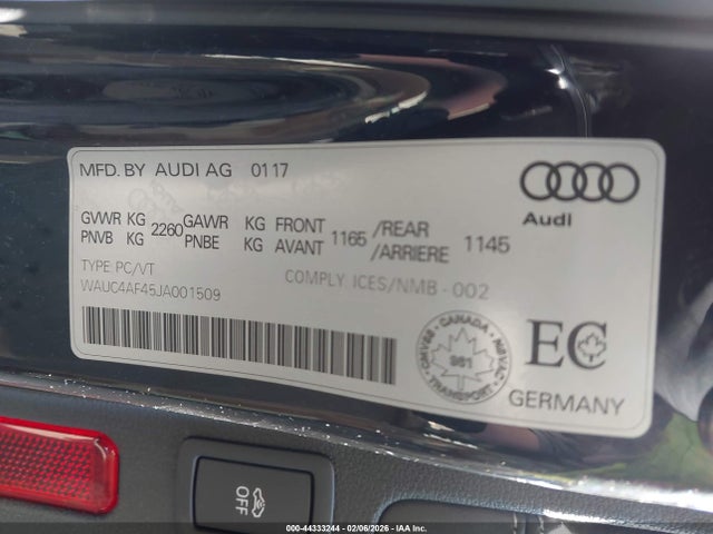 44333244 :رقم المزاد ، WAUC4AF45JA001509 vin ، 2018 Audi S4 3.0t Premium Plus مزاد بيع