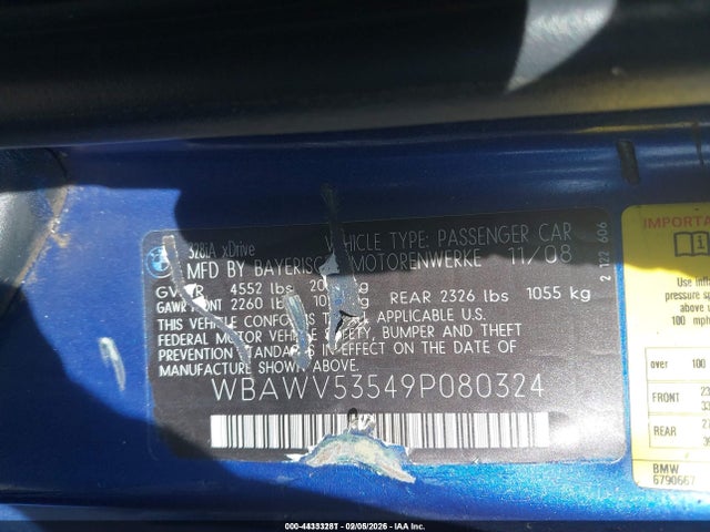 Aukcja sprzedaży 2009 Bmw 328i Xdrive, vin: WBAWV53549P080324, numer aukcji: 44333281