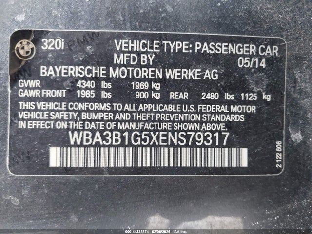 Aukcja sprzedaży 2014 Bmw 320i, vin: WBA3B1G5XENS79317, numer aukcji: 44333374