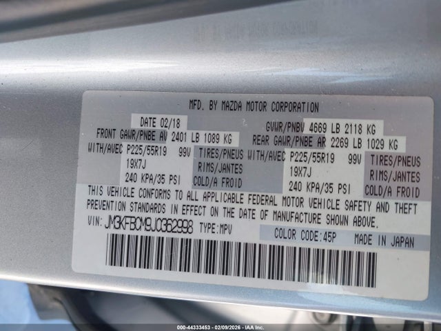 44333453 :رقم المزاد ، JM3KFBCM9J0362998 vin ، 2018 Mazda Cx-5 Touring مزاد بيع