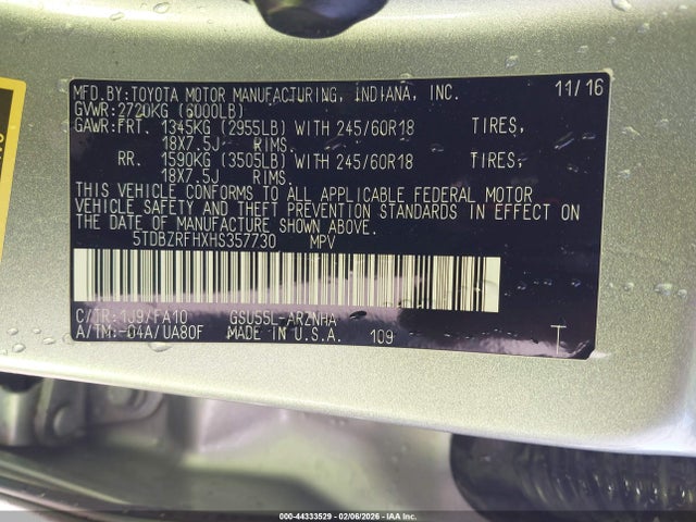 Продажа на аукционе авто 2017 Toyota Highlander Le Plus, vin: 5TDBZRFHXHS357730, номер лота: 44333529