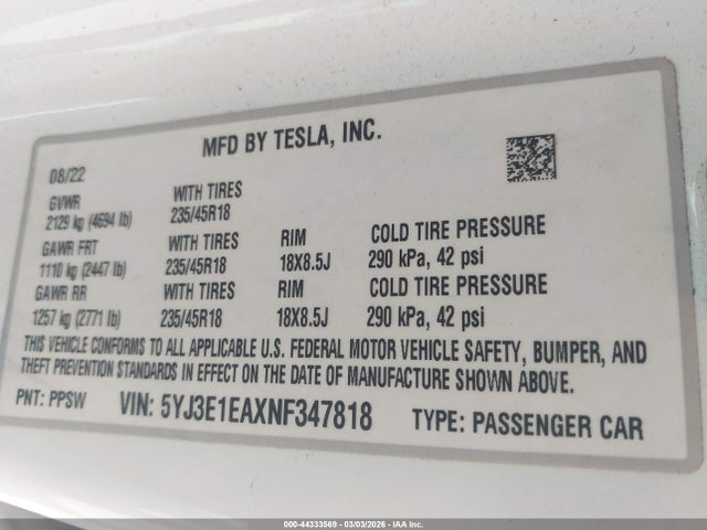 Aukcja sprzedaży 2022 Tesla Model 3 Rear-wheel Drive, vin: 5YJ3E1EAXNF347818, numer aukcji: 44333569