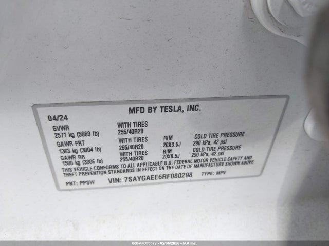 Продаж на аукціоні авто 2024 Tesla Model Y Long Range Dual Motor All-wheel Drive, vin: 7SAYGAEE6RF080298, номер лоту: 44333577