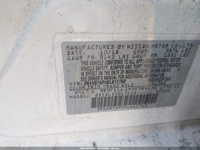 3N1AB7AP4KL611760 Nissan SENTRA SV