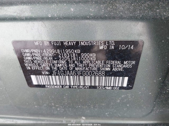 Продажа на аукционе авто 2015 Subaru Impreza 2.0i, vin: JF1GJAA63FG002688, номер лота: 44333659