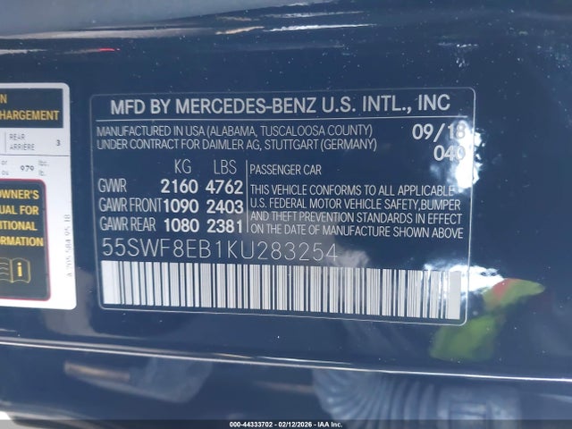 2019 Mercedes-benz C 300 4matic მანქანა იყიდება აუქციონზე, vin: 55SWF8EB1KU283254, აუქციონის ნომერი: 44333702