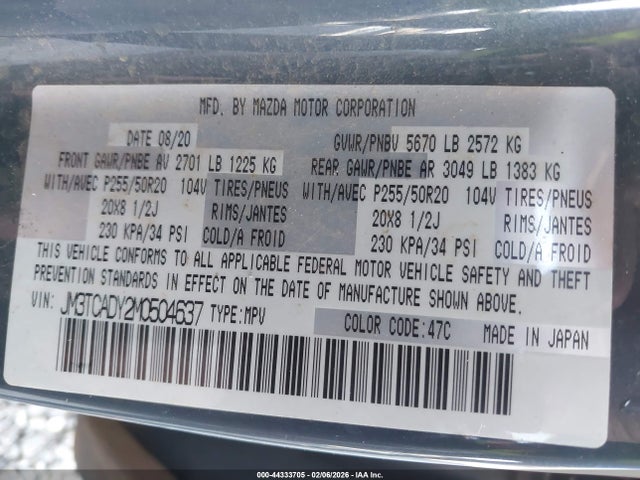 44333705 :رقم المزاد ، JM3TCADY2M0504637 vin ، 2021 Mazda Cx-9 Carbon Edition مزاد بيع