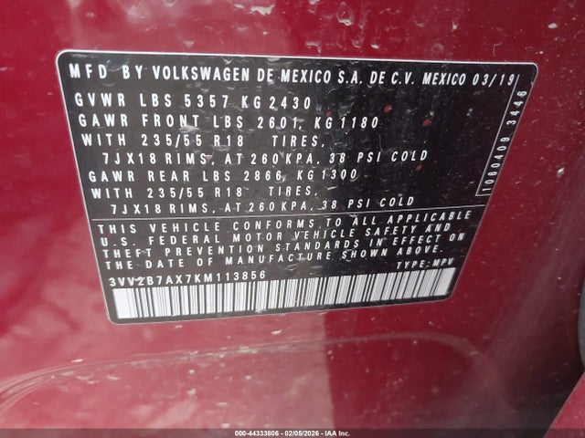 2019 Volkswagen Tiguan 2.0t Se/2.0t Sel/2.0t Sel R-line/2.0t Sel R-line Black მანქანა იყიდება აუქციონზე, vin: 3VV2B7AX7KM113856, აუქციონის ნომერი: 44333806