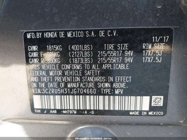3CZRU5H31JG704660 Honda HR-V LX