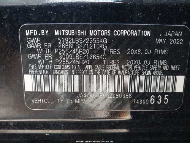 Aukcja sprzedaży 2022 Mitsubishi Outlander Black Edition S-awc/se 2.5 S-awc/se Launch Edition S-awc, vin: JA4J4UA86NZ080356, numer aukcji: 44333830