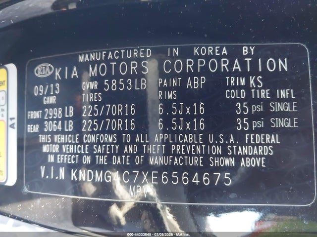 2014 Kia Sedona Lx მანქანა იყიდება აუქციონზე, vin: KNDMG4C7XE6564675, აუქციონის ნომერი: 44333845