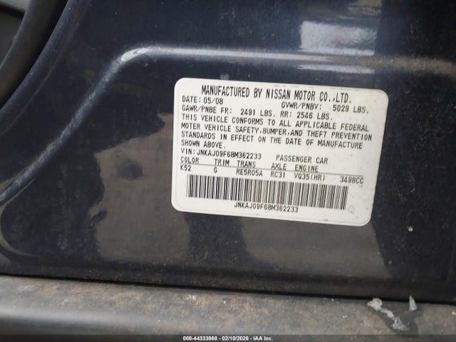 44333868 :رقم المزاد ، JNKAJ09F68M362233 vin ، 2008 Infiniti Ex35 Journey مزاد بيع