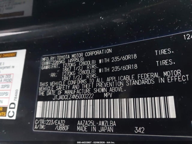 44333907 :رقم المزاد ، JTJADCEZ4N5000222 vin ، 2022 Lexus Nx 250 مزاد بيع