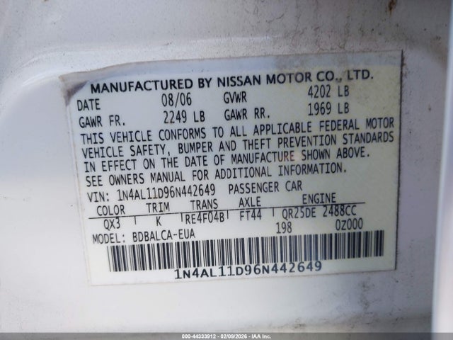 Продаж на аукціоні авто 2006 Nissan Altima 2.5 S, vin: 1N4AL11D96N442649, номер лоту: 44333912