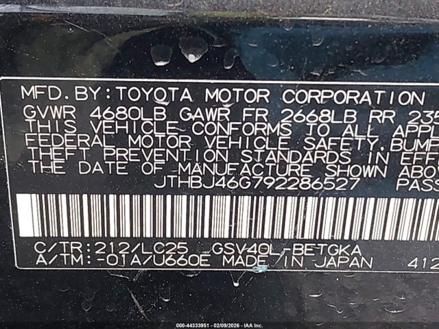 44333951 :رقم المزاد ، JTHBJ46G792286527 vin ، 2009 Lexus Es 350 مزاد بيع