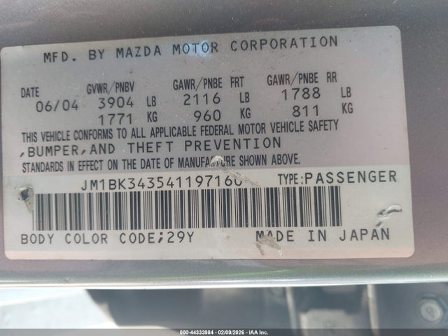 44333984 :رقم المزاد ، JM1BK343541197160 vin ، 2004 Mazda Mazda3 S مزاد بيع