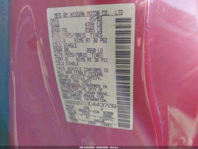 Aukcja sprzedaży 2003 Nissan Frontier Xe, vin: 1N6DD26T13C443728, numer aukcji: 44334025